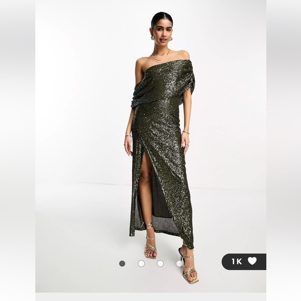 ASOS | One shoulder draped bodycon sequin maxi dress in olive green